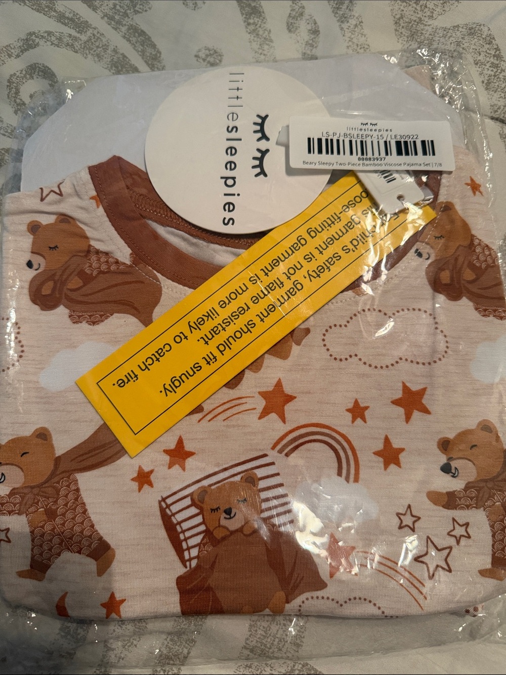 Little Sleepies Brown Beat Beary Sleepy Print Kids Pajama Set - 7/8 NIB